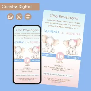 Convite Digital Chá Revelação Elefantinhos Personalizado 22 68472