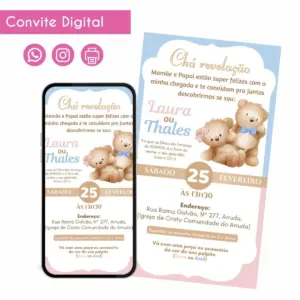 Convite Digital Chá Revelação Azul e Rosa Personalizado 12 68473