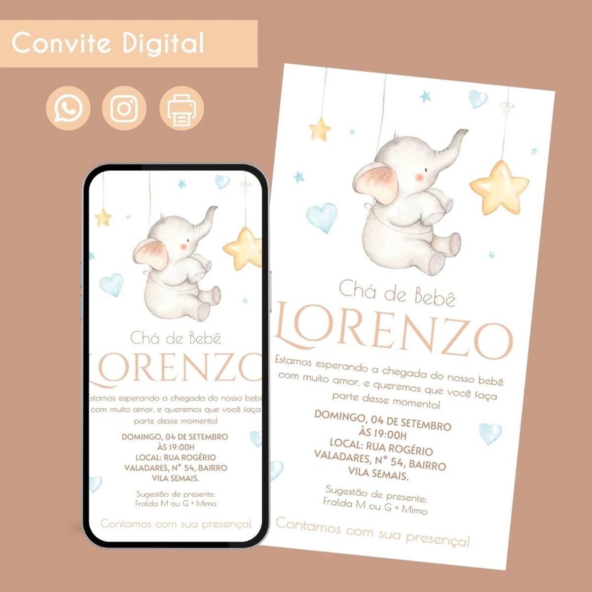 Convite Digital Chá de Bebê Elefante Personalizado 1 Convite Digital Chá de Bebê Elefante Personalizado