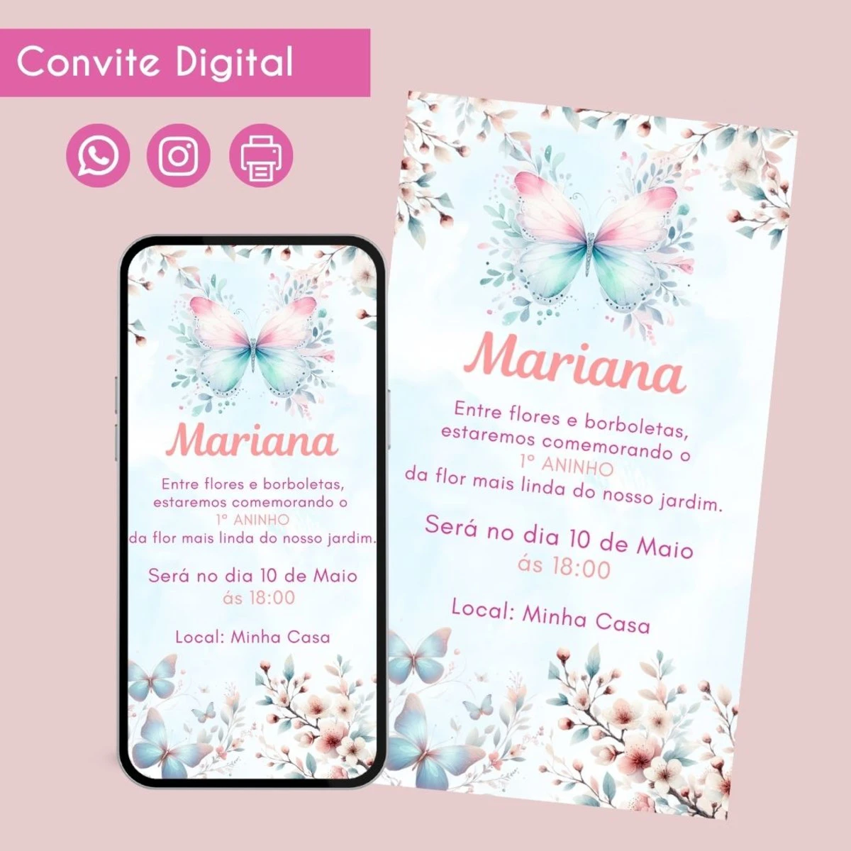Convite Borboletas Aquarela para Aniversário Infantil 1 Convite Borboletas Aquarela para Aniversário Infantil