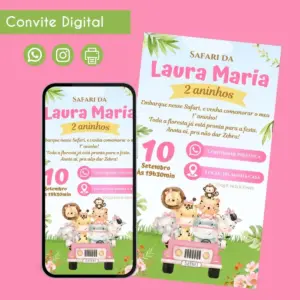 Convite Safari Menina Personalizado Digital para 1 Ano 20 68496