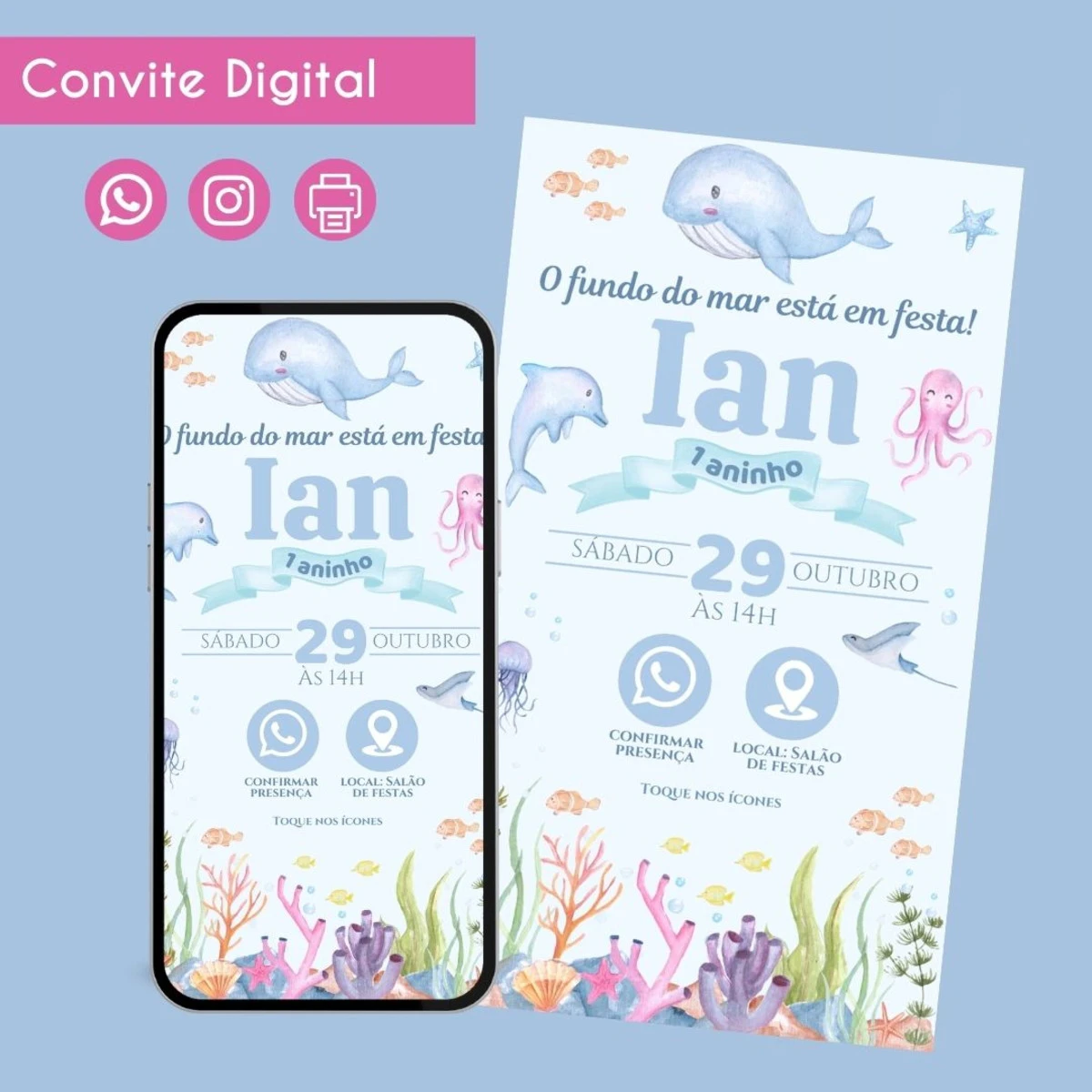 Convite Digital Fundo do Mar para Aniversário Infantil 1 Convite Digital Fundo do Mar para Aniversário Infantil