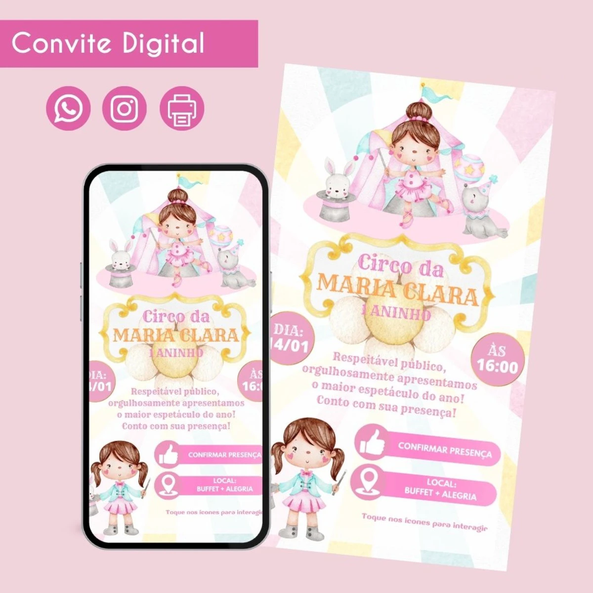 Convite Digital Circo Rosa para Aniversário de Menina 1 Convite Digital Circo Rosa para Aniversário de Menina