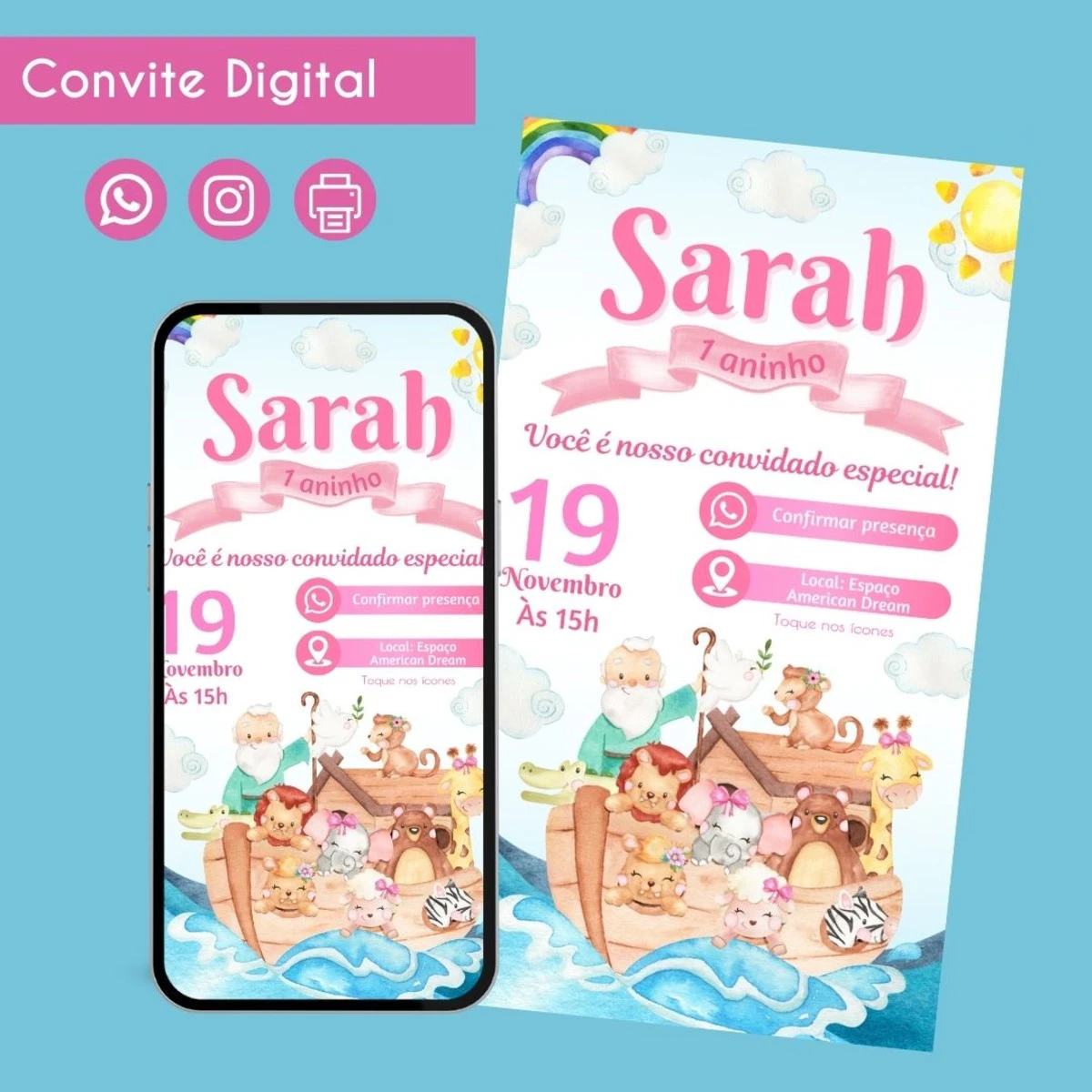 Convite Digital Arca de Noé Rosa para Menina 1 Convite Digital Arca de Noé Rosa para Menina