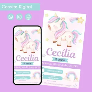 Convite Digital Unicórnio Aquarela para Festa Infantil 21 68537