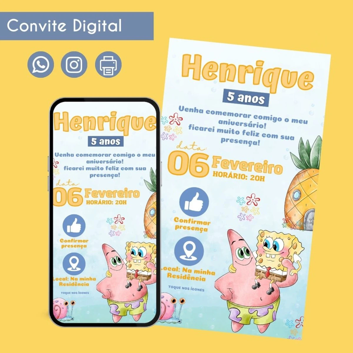Convite Digital Bob Esponja Aquarela Personalizado 1 Convite Digital Bob Esponja Aquarela Personalizado