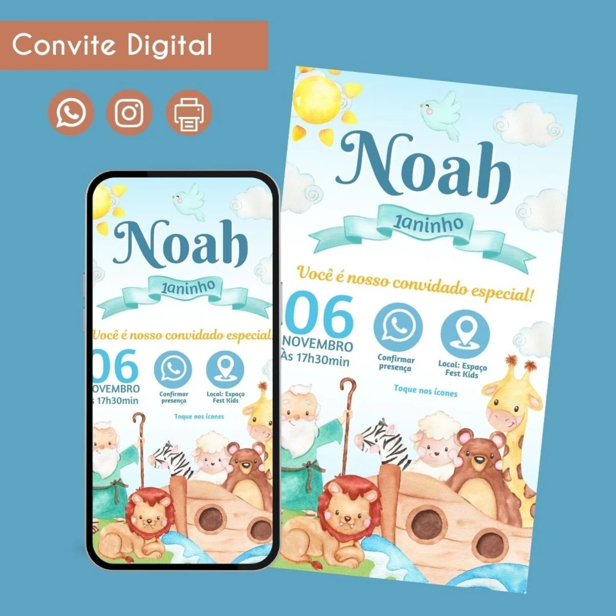 Convite Digital Arca de Noé Menino Personalizado 1 Convite Digital Arca de Noé Menino Personalizado