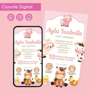 Convite Fazendinha Rosa Personalizado para Festa Infantil 14 68558