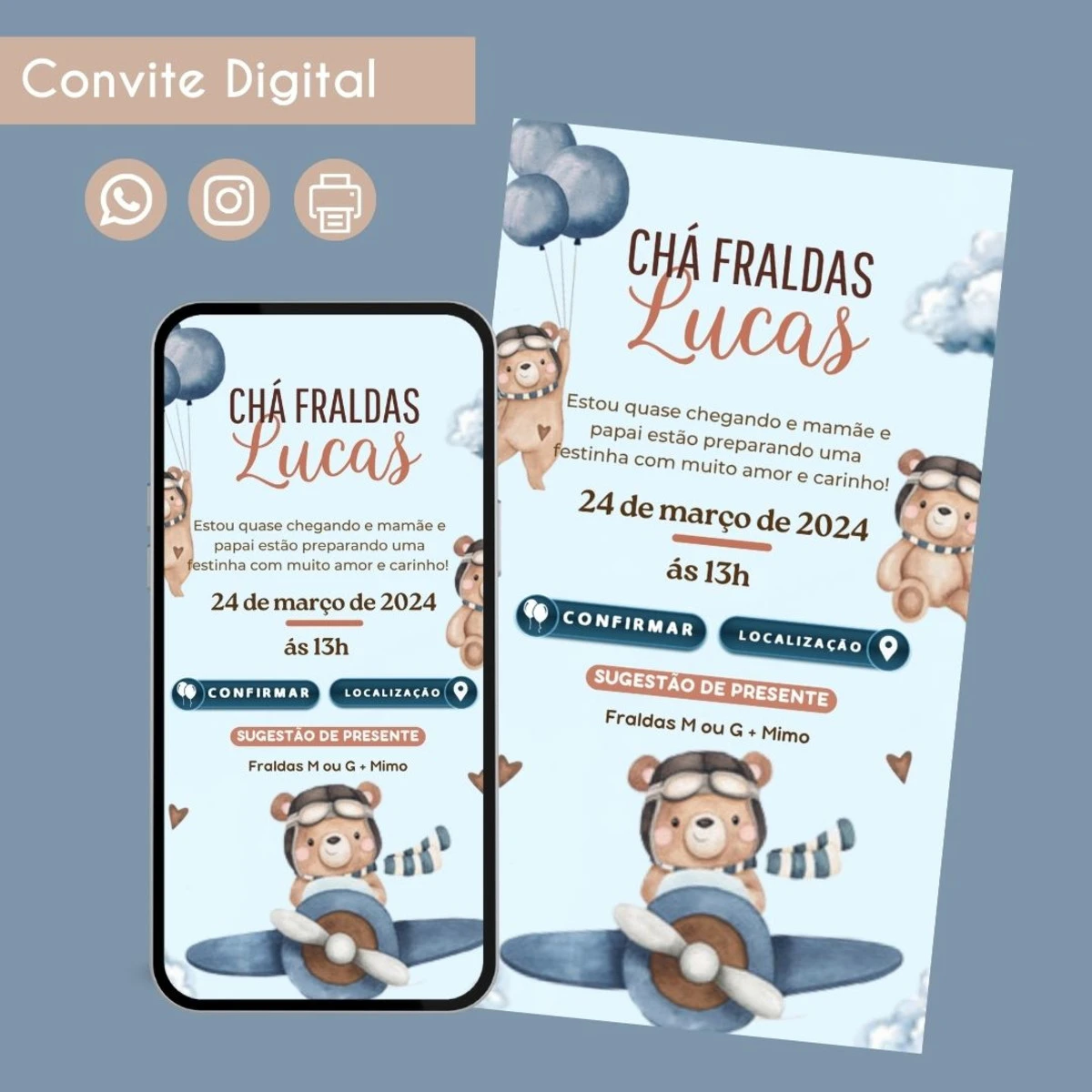Convite Digital Chá de Fraldas Ursinho Personalizado 1 Convite Digital Chá de Fraldas Ursinho Personalizado