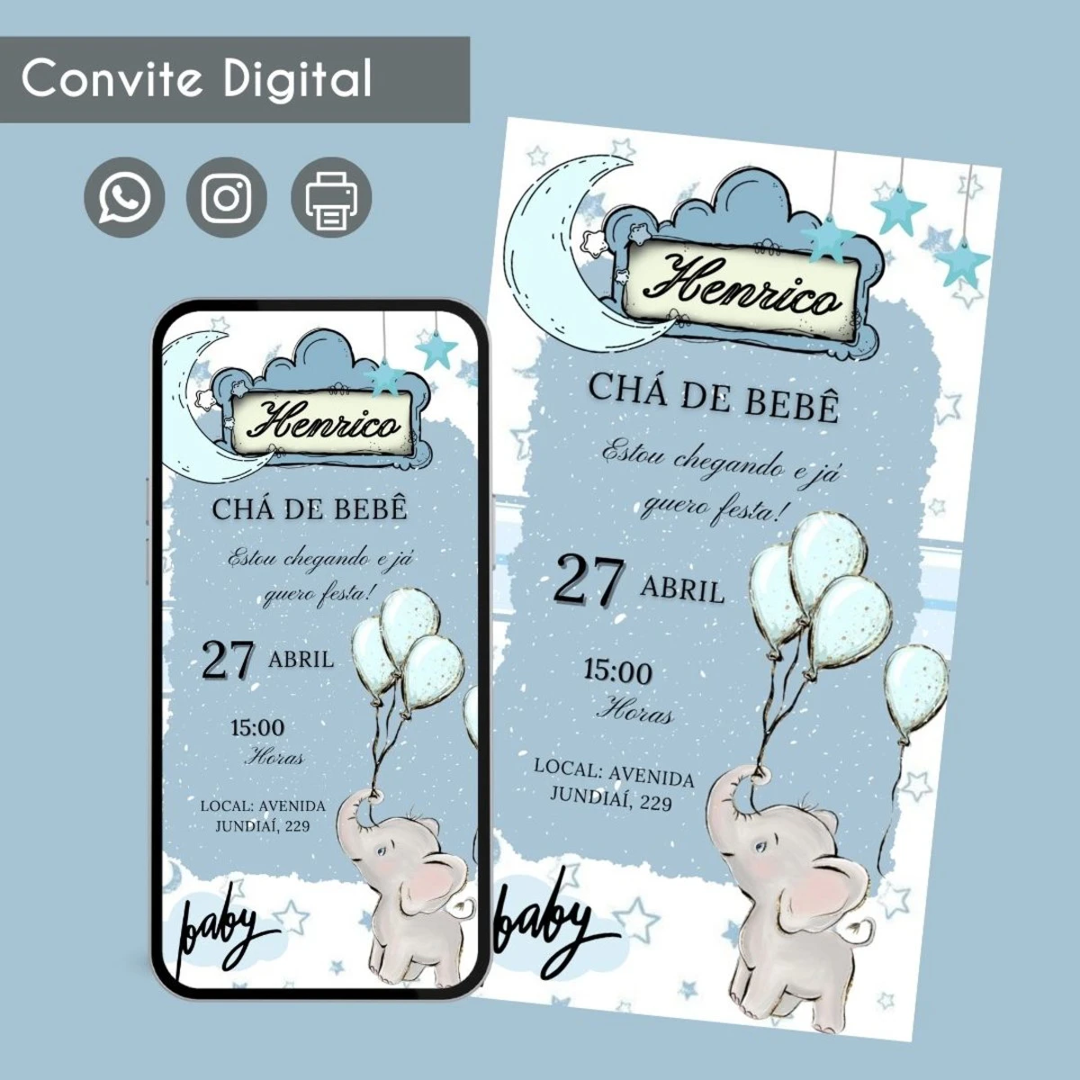 Convite Digital Chá de Bebê Elefantinho Personalizado 1 Convite Digital Chá de Bebê Elefantinho Personalizado