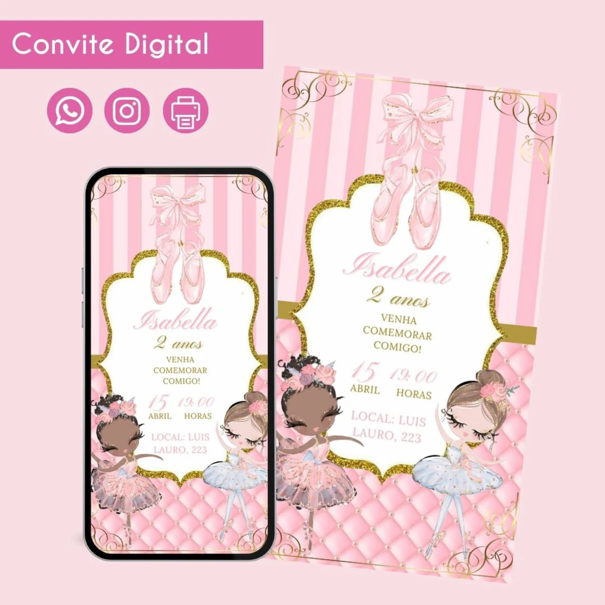 Convite Digital de Bailarina para Aniversário Personalizado 1 Convite Digital de Bailarina para Aniversário Personalizado