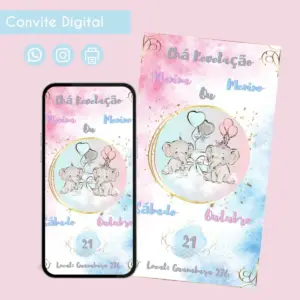 Convite Digital Chá Revelação Elefantinhos Personalizado 13 68586