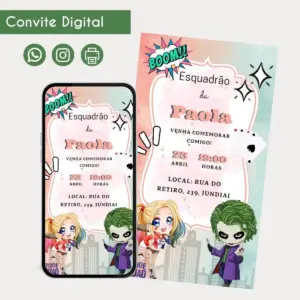 Convite Arlequina e Coringa Personalizado para Festa 12 68600