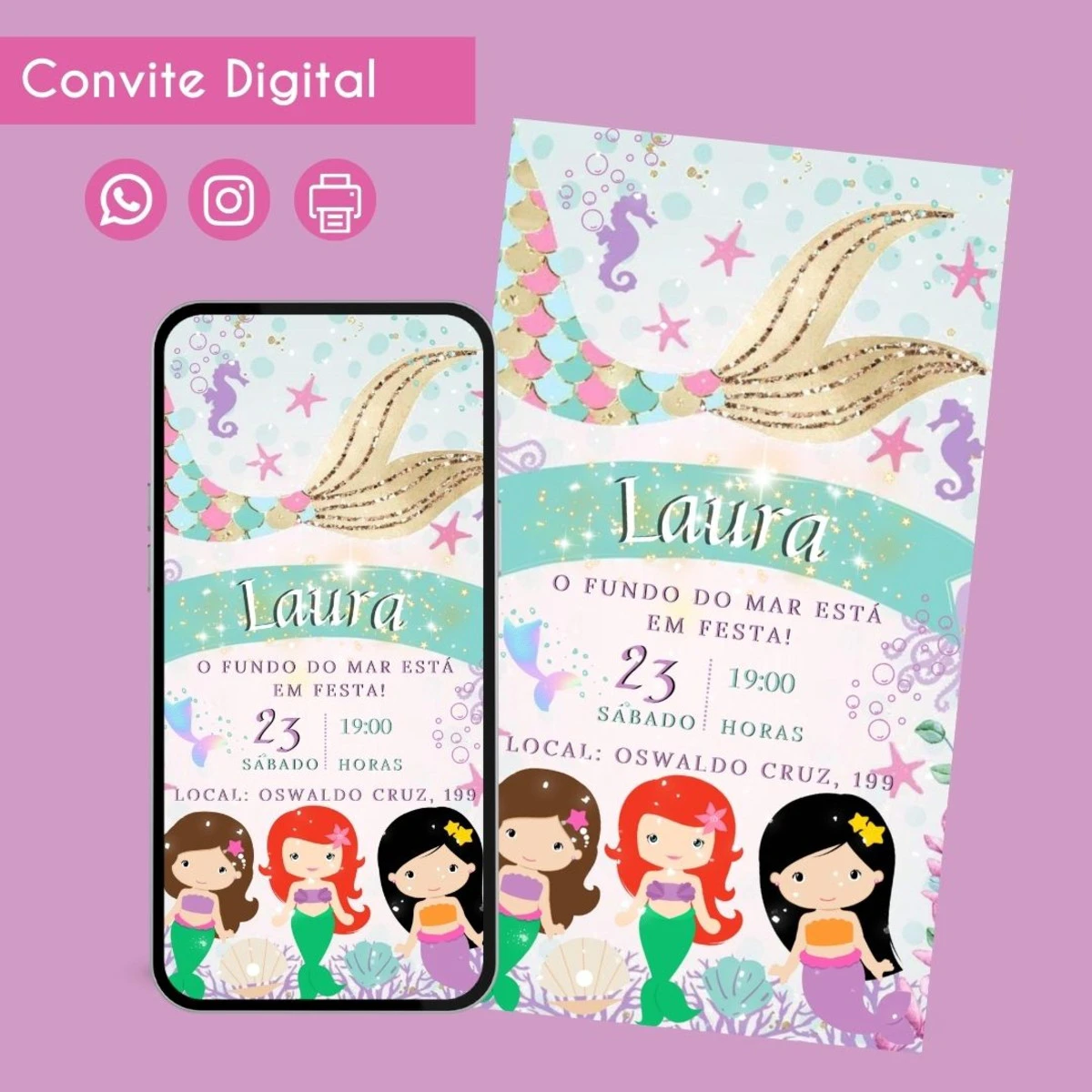 Convite Digital Sereia Personalizado para Festa Infantil 1 Convite Digital Sereia Personalizado para Festa Infantil