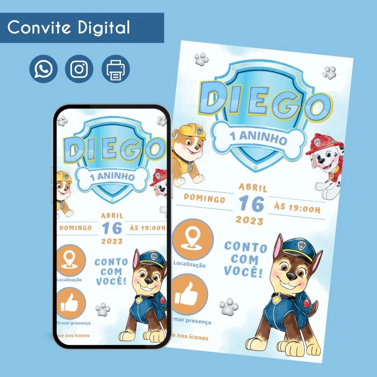 Convite Digital Patrulha Canina Editável para Menino 1 Convite Digital Patrulha Canina Editável para Menino