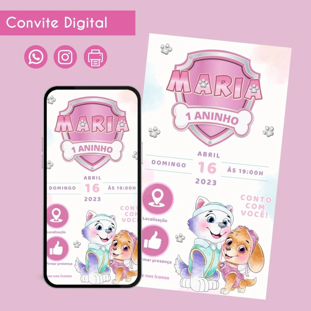 Convite Digital Personalizado Skye Aquarela Aniversário 1 Convite Digital Personalizado Skye Aquarela Aniversário