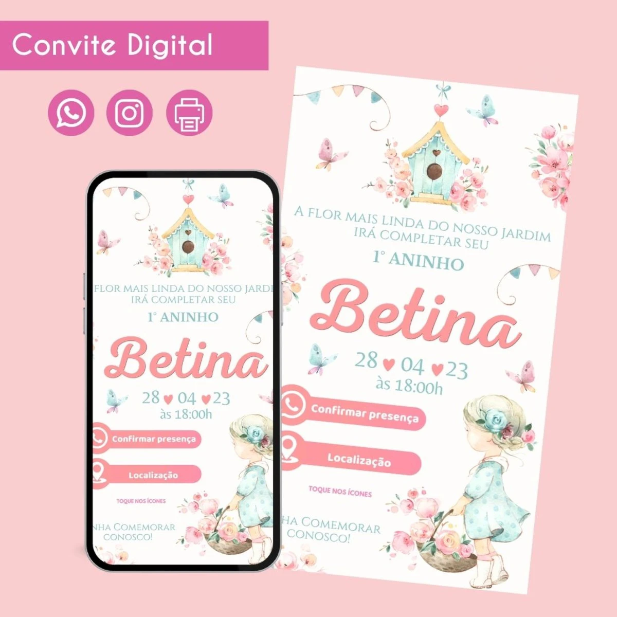 Convite Digital Infantil Aquarela Jardim Personalizado 1 Convite Digital Infantil Aquarela Jardim Personalizado