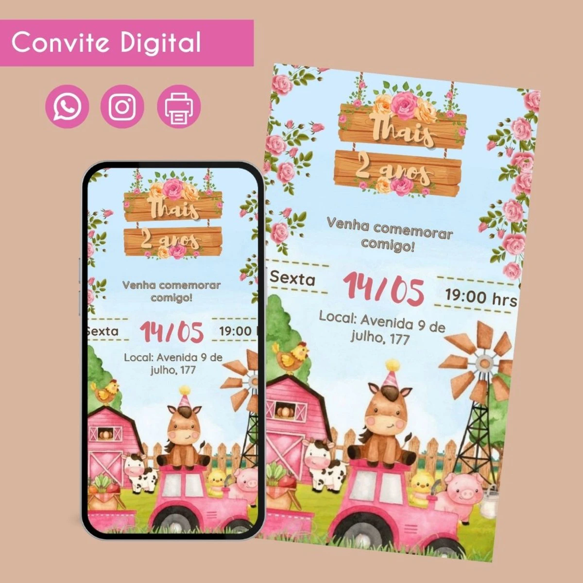 Convite Digital Fazendinha Rosa para Aniversário Infantil 1 Convite Digital Fazendinha Rosa para Aniversário Infantil