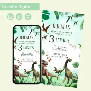 Convite Digital Dinossauro Personalizado para Aniversário 20 68625