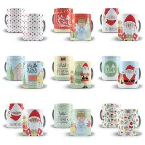 Coleção de canecas com estampas variadas com o tema de festas de fim ano.