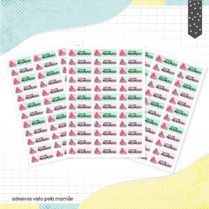 Folhas de adesivos com estampa de melancia e texto em fundo rosa e verde