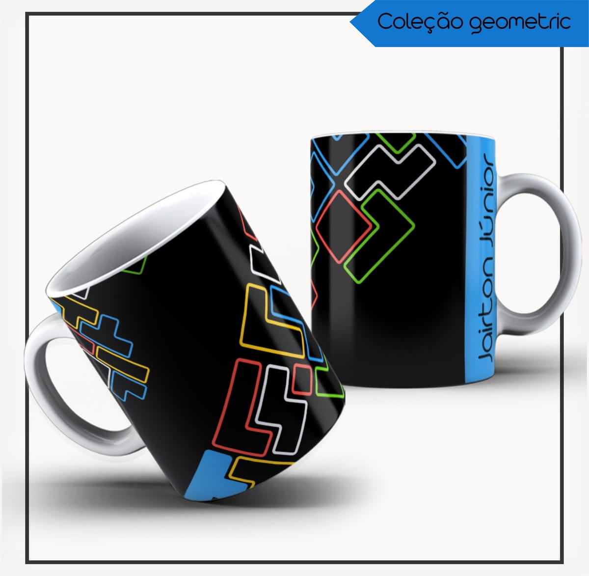 Agenda Masculina 2023 Azul Geométrico para Personalizar 3 Arte digital para canecas com padrão geométrico colorido em fundo preto.