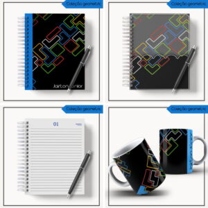 Agenda Masculina 2023 Azul Geométrico para Personalizar 10 Arte digital de cadernos e canecas com design geométrico colorido em fundo preto.