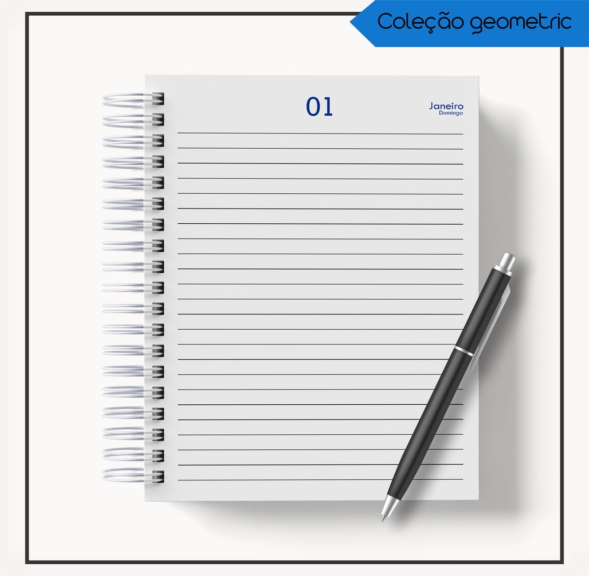 Agenda Masculina 2023 Azul Geométrico para Personalizar 4 Arte digital de caderno espiral pautado com caneta, exibindo "01 Janeiro Domingo".