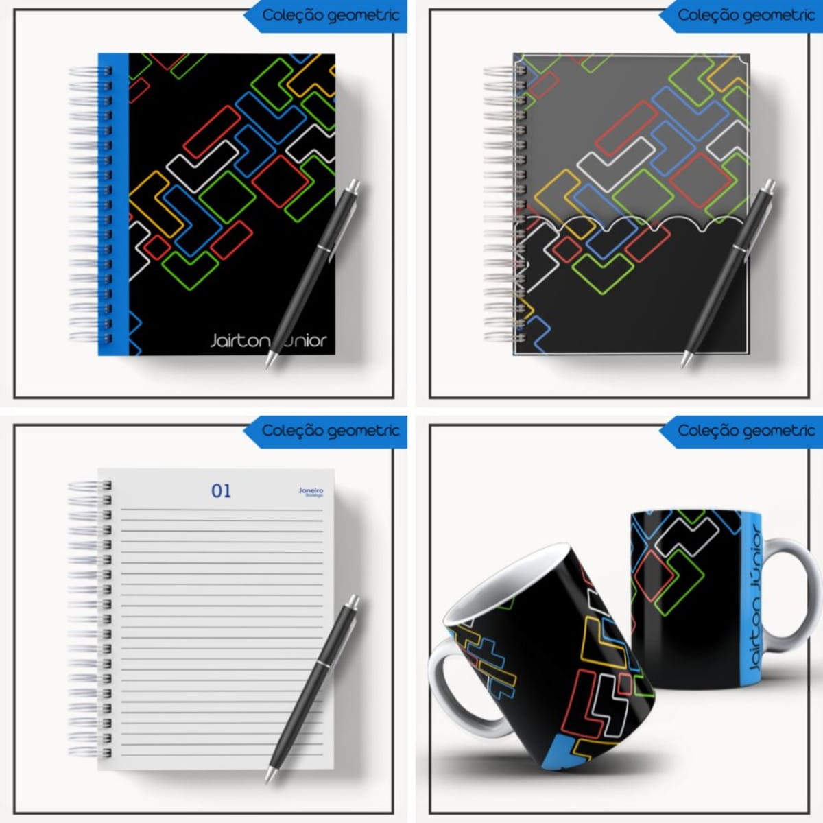 Agenda Masculina 2023 Azul Geométrico para Personalizar 1 Arte digital de cadernos e canecas com design geométrico colorido em fundo preto.
