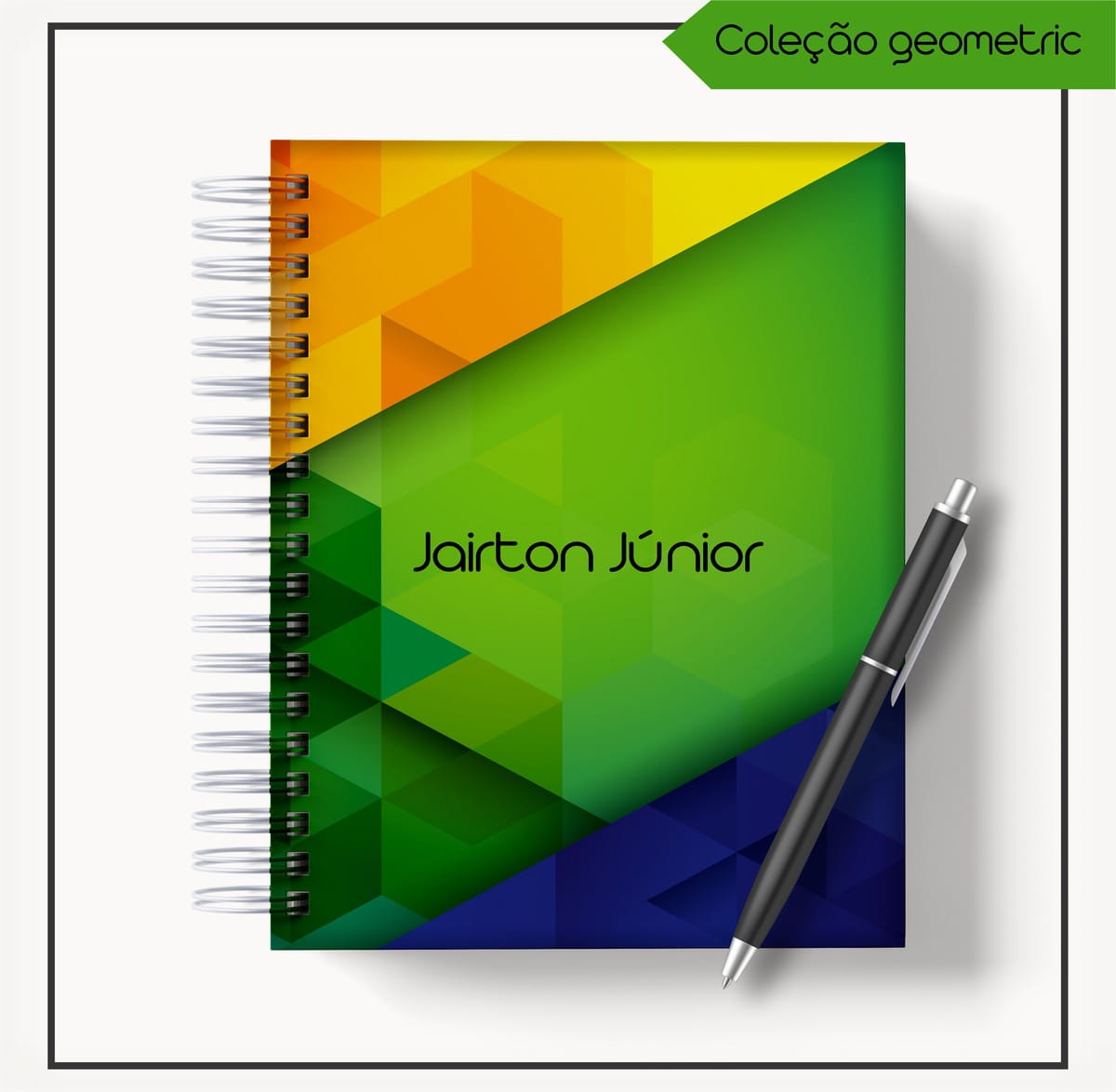 Agenda 2023 Masculina Digital para Personalizar e Vender 2 Caderno espiral com capa de design geométrico colorido e uma caneta preta.