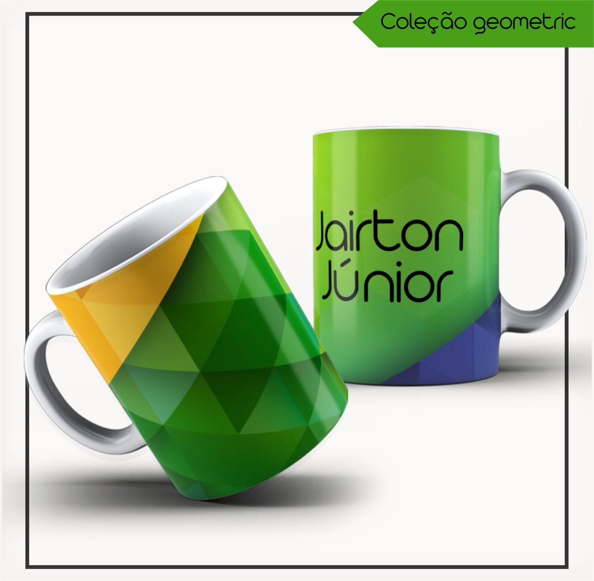 Agenda 2023 Masculina Digital para Personalizar e Vender 3 Duas canecas com design geométrico verde, amarelo e azul, parte de uma coleção digital.