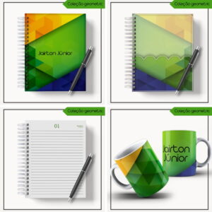 Agenda 2023 Masculina Digital para Personalizar e Vender 12 Arte digital de cadernos e canecas com padrões geométricos coloridos e canetas.