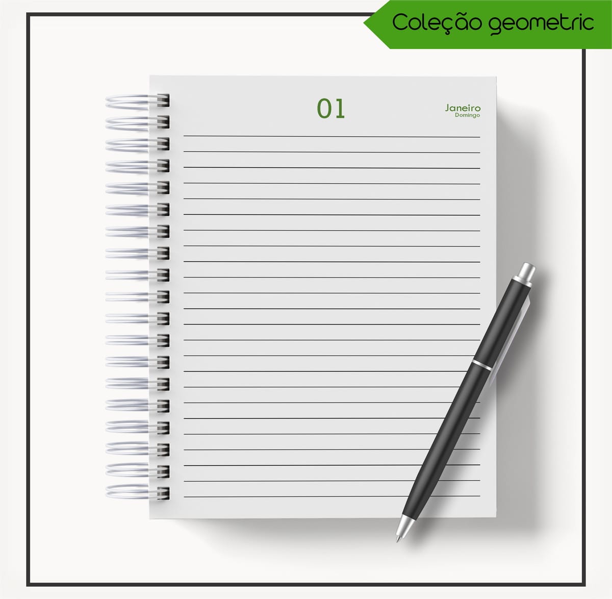 Agenda 2023 Masculina Digital para Personalizar e Vender 5 Arte digital de caderno espiral aberto com caneta, mostrando página pautada.