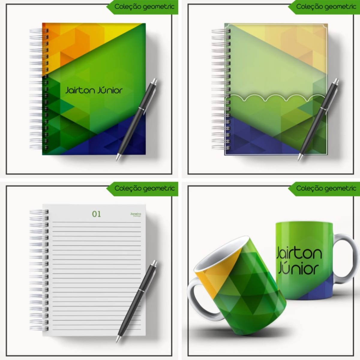Agenda 2023 Masculina Digital para Personalizar e Vender 1 Arte digital de cadernos e canecas com padrões geométricos coloridos e canetas.