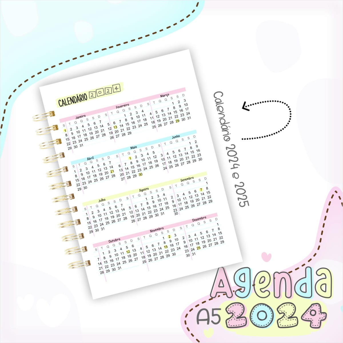 Agenda 2024 Digital 2 Dias por Página para Imprimir 2 Folha de calendário anual com meses organizados e espiral em fundo claro decorado.