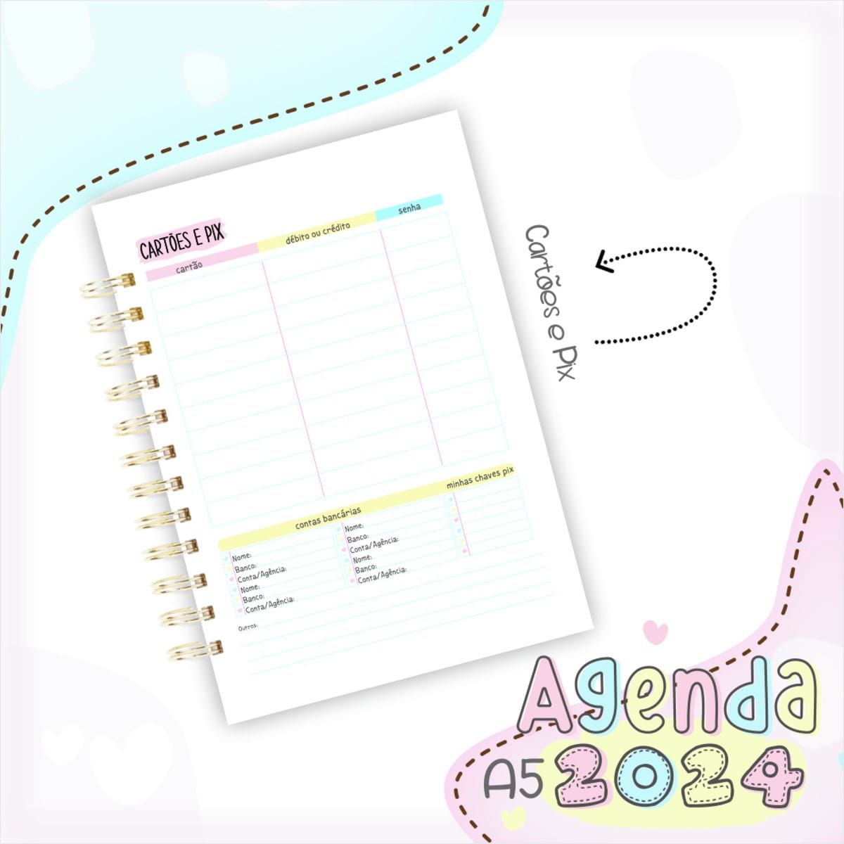 Agenda 2024 Digital 2 Dias por Página para Imprimir 3 Caderno espiral aberto exibindo páginas com tabelas e anotações.