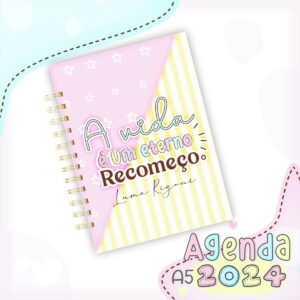 Capa de agenda com espirais metálicas, fundo rosa com estrelas e amarelo listrado.