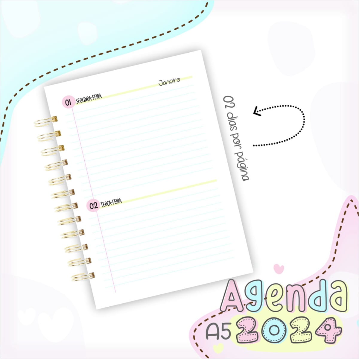 Agenda 2024 Digital 2 Dias por Página para Imprimir 4 Agenda espiral aberta mostrando duas páginas pautadas com dias da semana