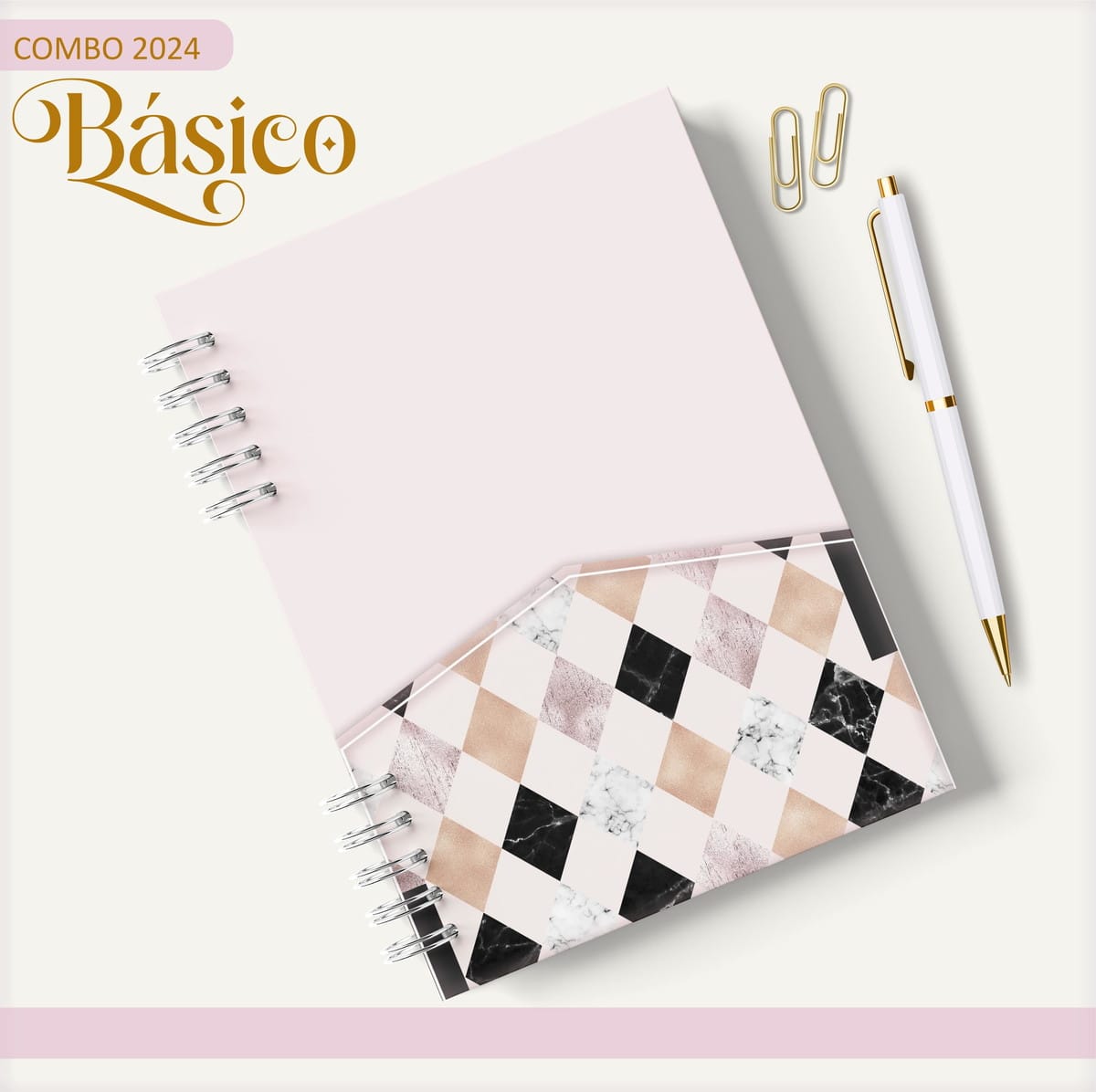 Agenda 2024 Digital Xadrez com Texturas Marmorizadas 2 Caderno espiral rosa e branco com detalhes geométricos, caneta branca e clipes.