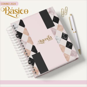 Agenda com espiral branco decorada com losangos pretos, rosados e marmorizados.