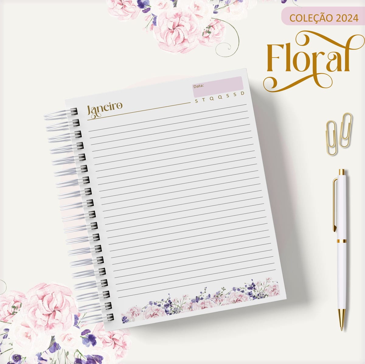 Agenda 2024 Floral Lilás Arquivo Digital para Personalizar 2 Arte digital de página de agenda com flores, clips e caneta.