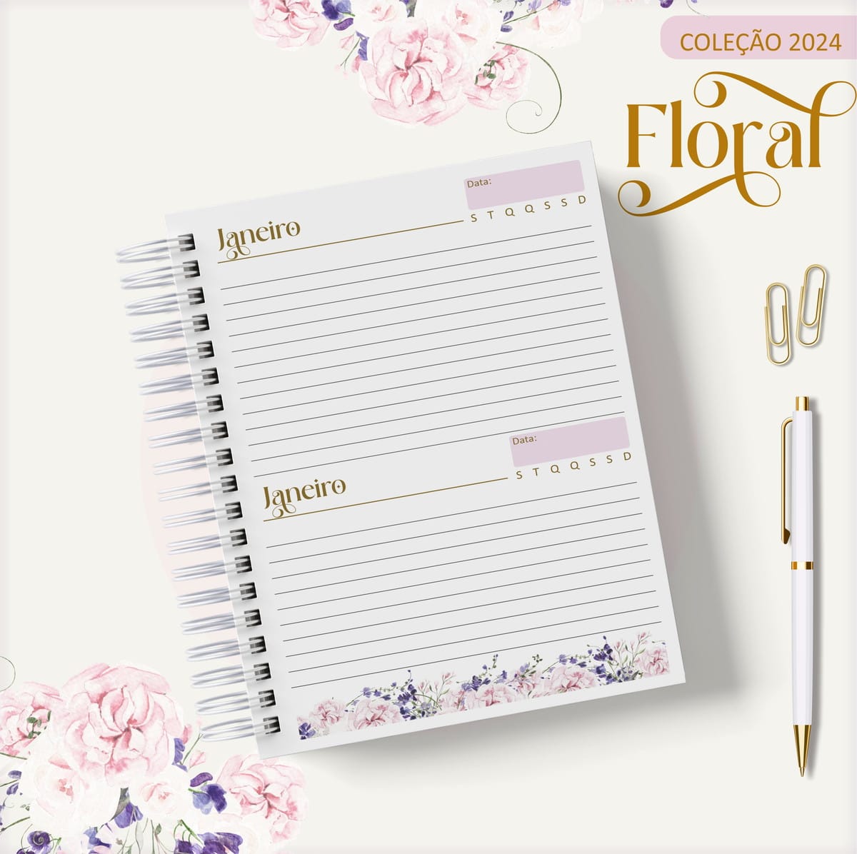 Agenda 2024 Floral Lilás Arquivo Digital para Personalizar 3 Página de agenda digital com design floral, mês de janeiro, caneta e clipes.