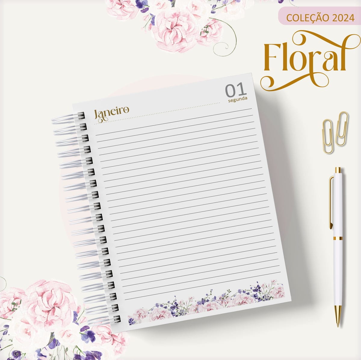 Agenda 2024 Floral Lilás Arquivo Digital para Personalizar 4 Agenda espiral branca com página de janeiro e detalhes florais.