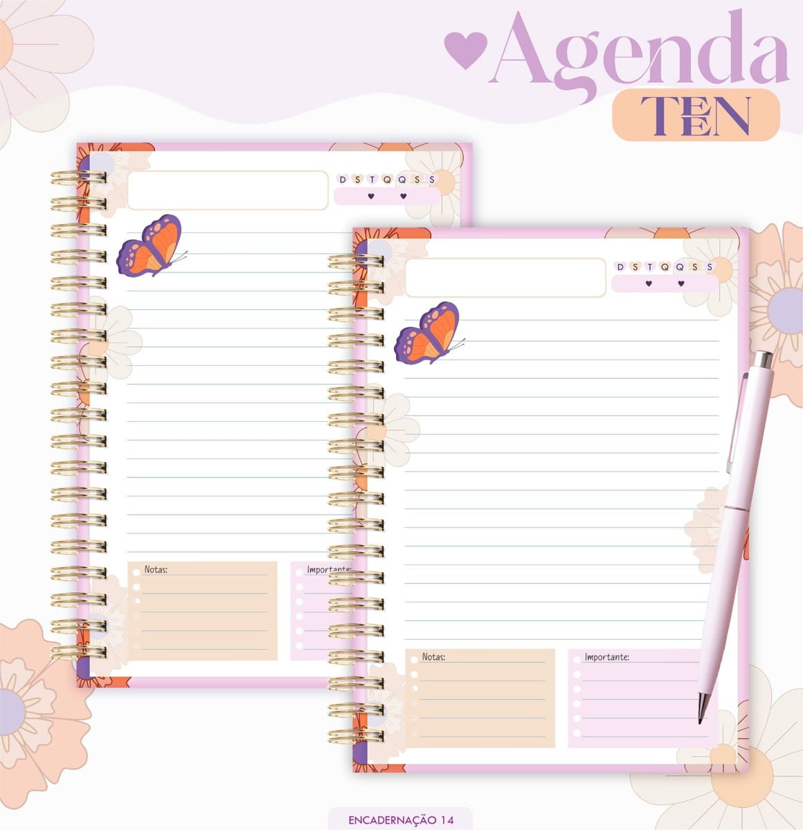 Agenda 2026 Borboleta Laranja e Rosa Kit Digital 2 Duas agendas espiraladas com pautas e ilustrações de borboletas e flores.