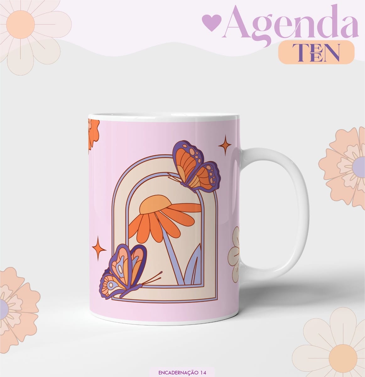 Agenda 2026 Borboleta Laranja e Rosa Kit Digital 3 Caneca branca estampada com borboletas, flores e arco em estilo retrô.