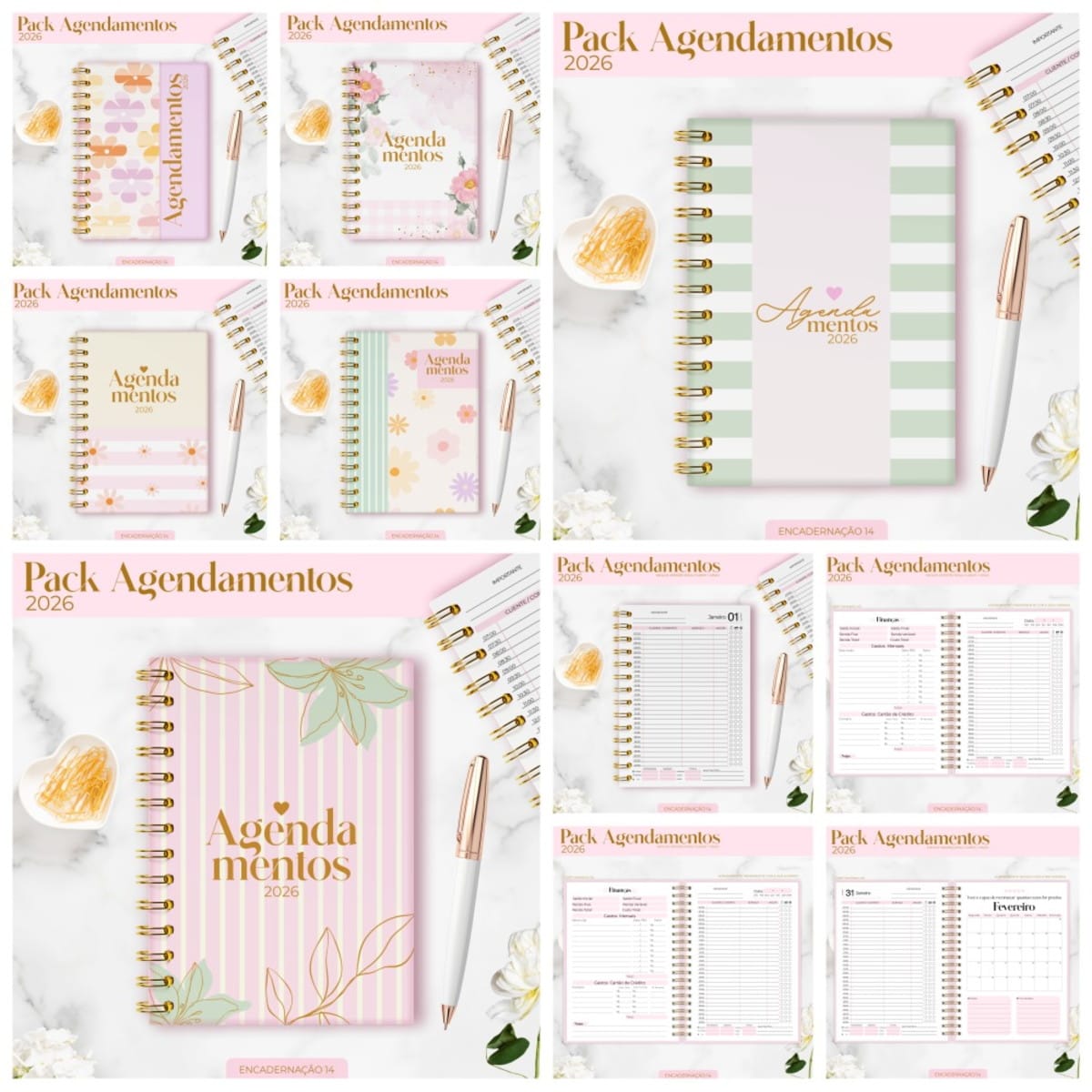 Agenda 2026 Digital Personalizável para Artesanato 1 Apresentação visual com múltiplos modelos de agendas decoradas com temas florais e listrados.