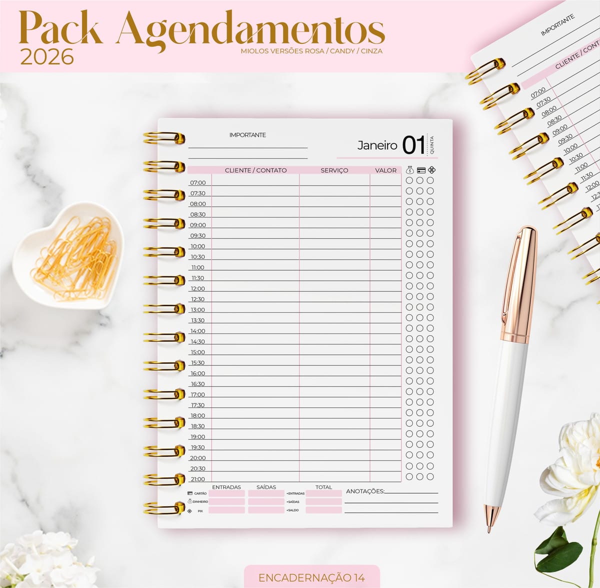 Agenda 2026 Digital Personalizável para Artesanato 3 Agenda aberta com horários de atendimento, caneta e clipes sobre fundo branco marmorizado.