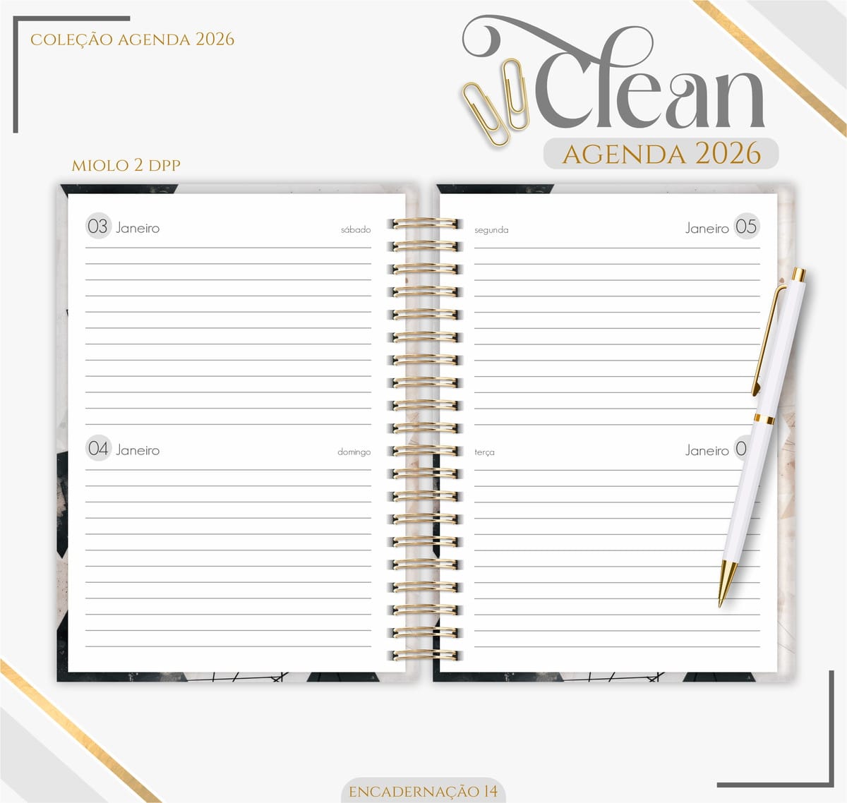 Agenda 2026 Feminina Digital PDF Pronta para Imprimir 3 Agenda aberta com páginas pautadas, espiral dourada e caneta branca sobre fundo claro.