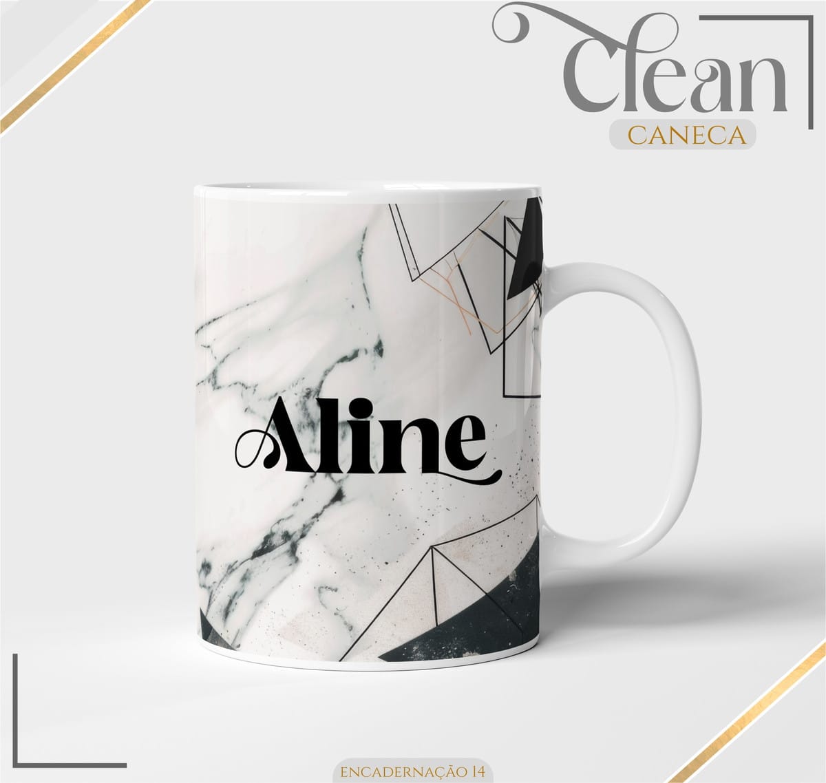 Agenda 2026 Feminina Digital PDF Pronta para Imprimir 4 Caneca branca estampada com textura de mármore e formas geométricas pretas.