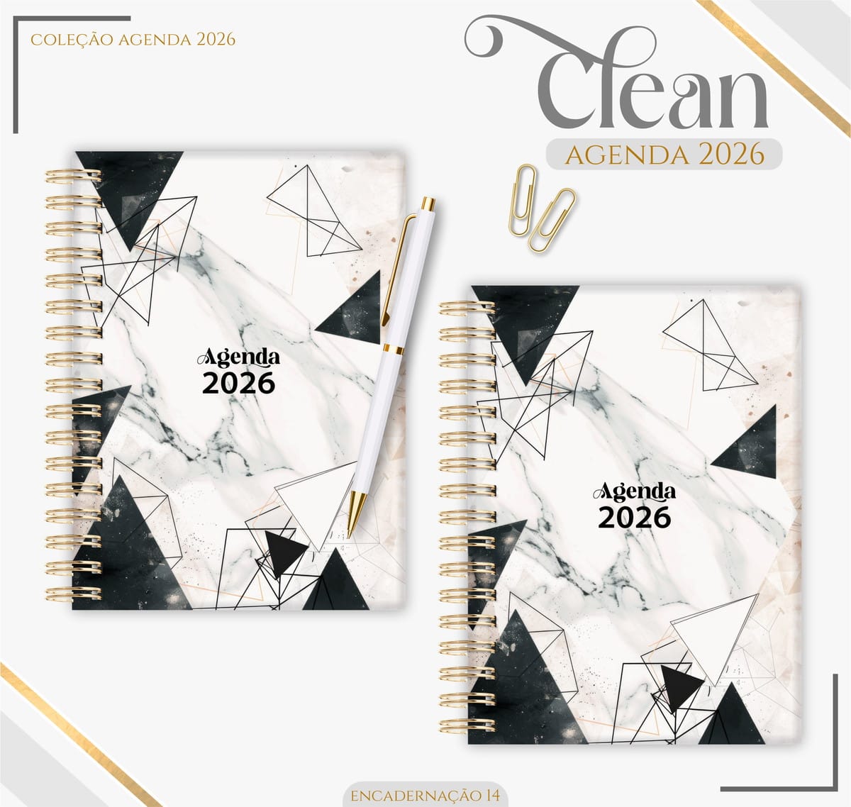 Agenda 2026 Feminina Digital PDF Pronta para Imprimir 1 Duas agendas espiraladas com capas estampadas de mármore e formas geométricas e uma caneta.